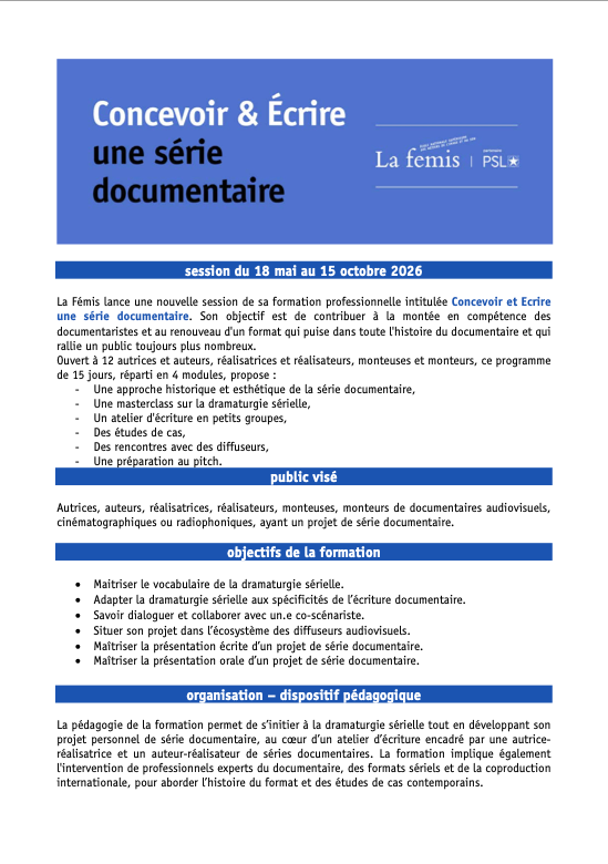Brochure Concevoir et Ecrire une série documentaire 2026